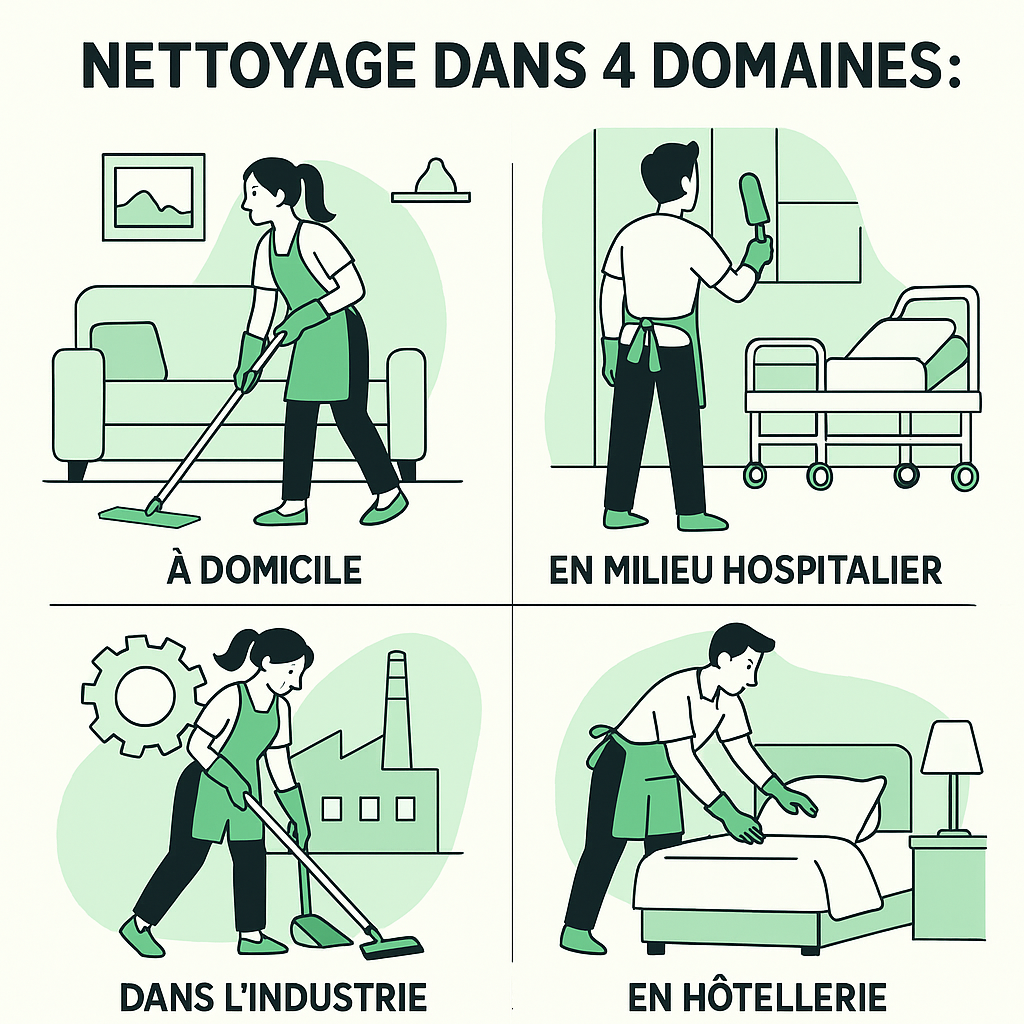 Nettoyage dans 4 domaines : à domicile, en milieu hospitalier, dans l’industrie et l’hôtellerie